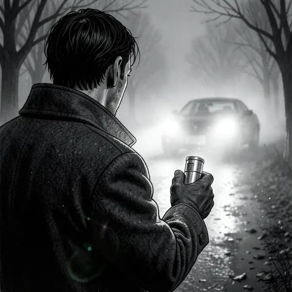 A man's hand holding a small metal microfilm canister, with the headlights of a sedan in the background.