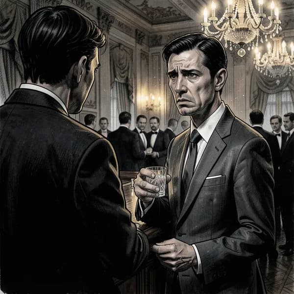 A nervous man in a 1990s suit stands at a bar, looking anxious in a crowded ballroom.