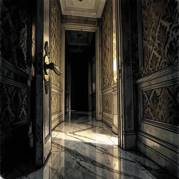 A heavy brass door handle of a service exit leading to a dark, empty corridor.