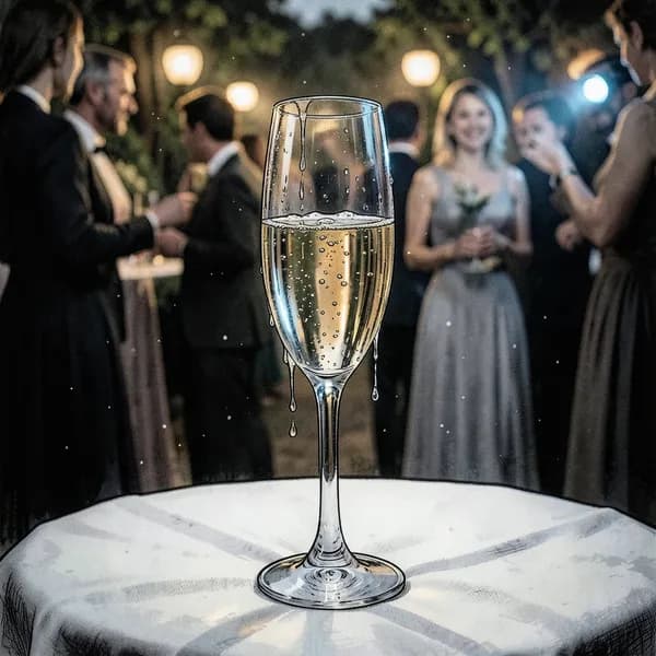 A close-up of a discarded champagne glass on a linen table with a security camera in the background.