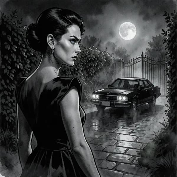 A woman in an elegant 1980s evening gown standing in the shadows of a hedge, looking toward a dark car.