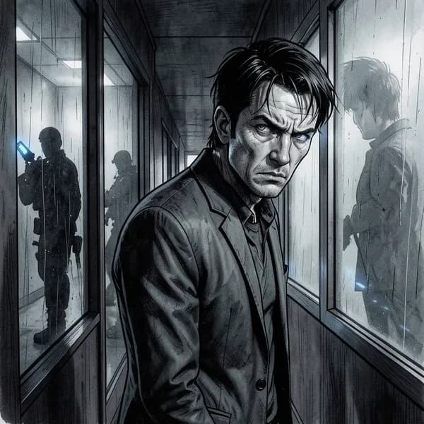 A weary intelligence officer hiding in the shadows, watching silhouettes through frosted glass.