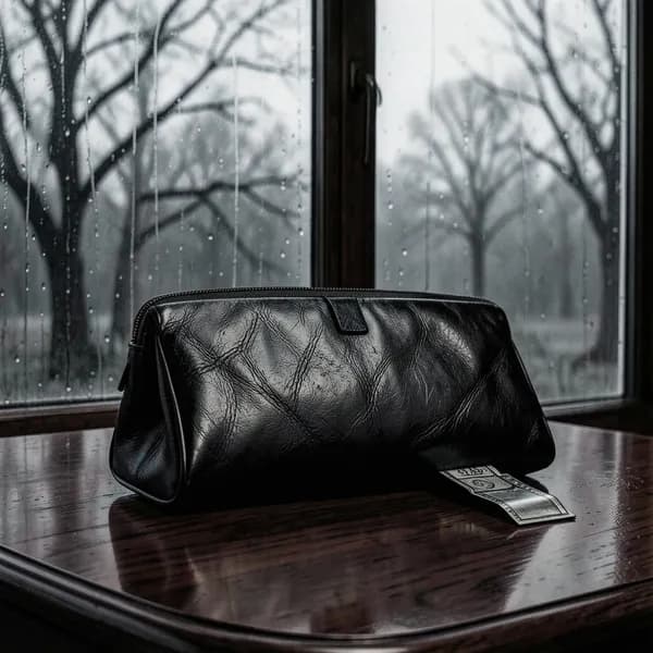 A close-up of a vintage black leather clutch resting on a mahogany desk, revealing a sliver of microfilm.