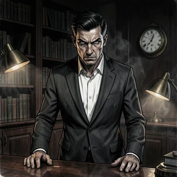 A man in a sharp charcoal suit stands in a dimly lit study, looking suspicious and intense.