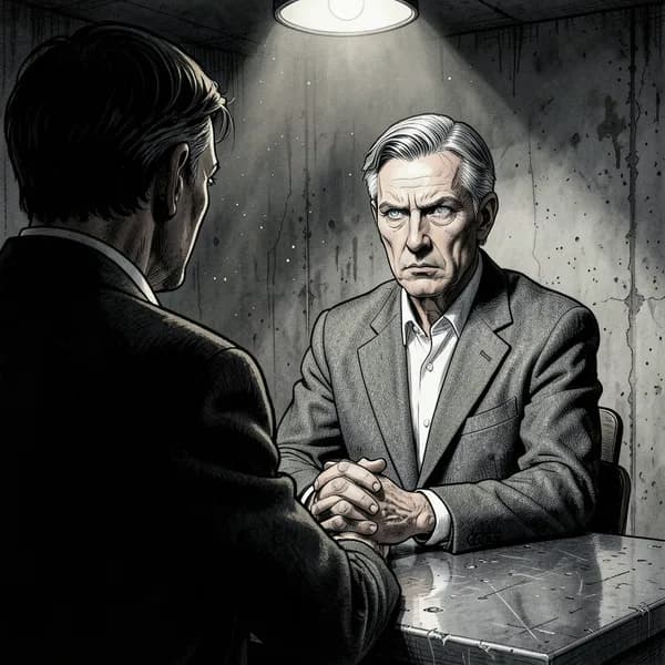 A man in a gray wool suit sits at a metal table, watching with a cold, predatory gaze.