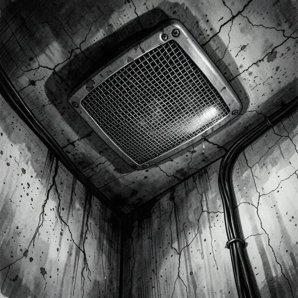 A vintage industrial speaker mounted on a concrete ceiling, wires trailing down the wall.