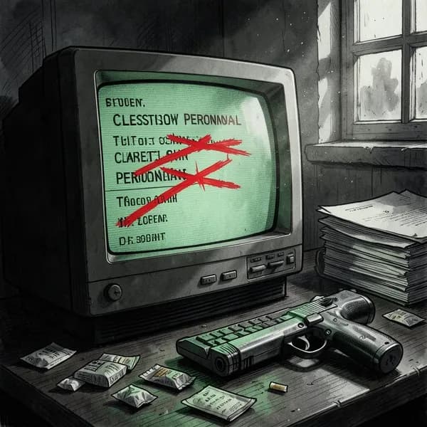 A vintage 1980s computer monitor displays a list of names with red strikethroughs in a dark room.