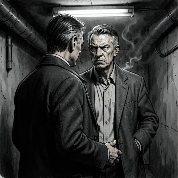A man in a trench coat looks suspicious in a dimly lit, soundproofed room.