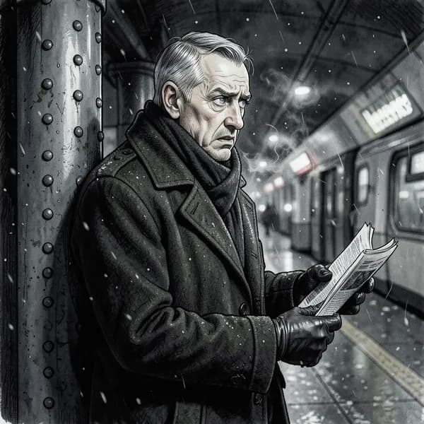 A nervous man in a wool coat leans against a cold steel pillar at a metro entrance, holding a newspaper.