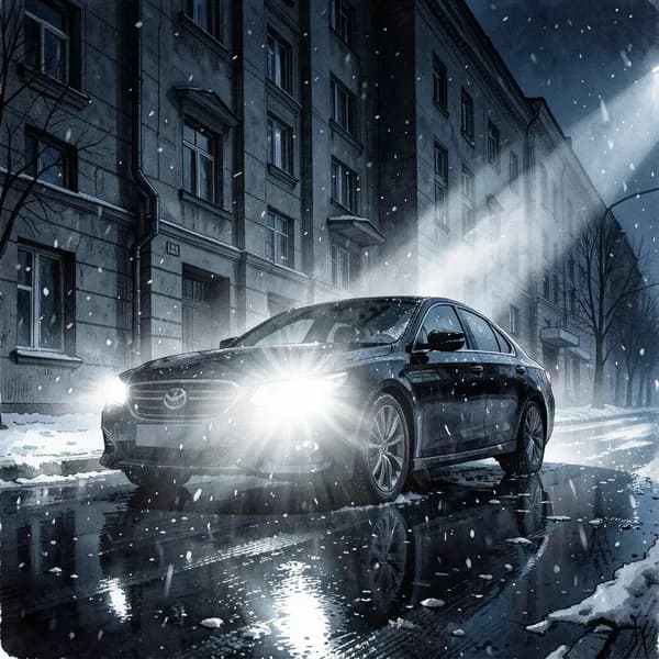 The blinding headlights of a black sedan cutting through the snowy night on a dark Moscow street.