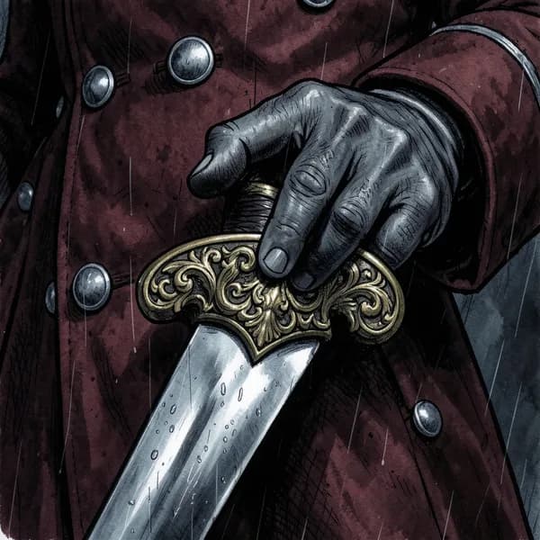 A close-up of a gloved hand resting on the ornate brass pommel of a military sword.