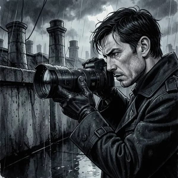 A man in a dark trench coat adjusts a camera lens on a rooftop in the rain.