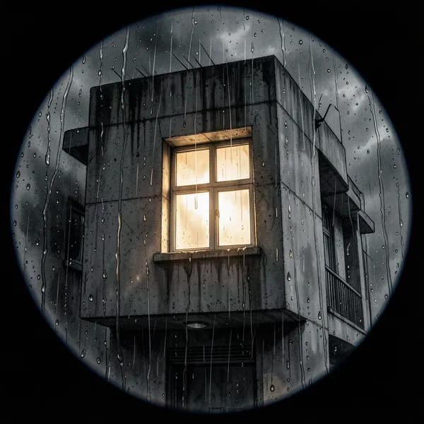 A glowing amber window seen through a rain-streaked lens, representing a target.