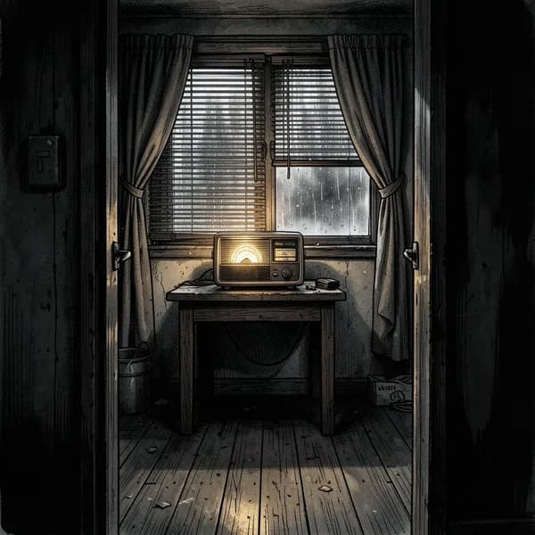 A dimly lit, cramped safe house room with a vintage radio on a wooden table, blinds drawn tight.