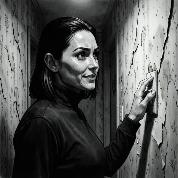 A woman with sharp features standing by a light switch, looking nervous and tense.