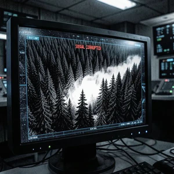 A grainy satellite thermal feed on a monitor showing a mysterious heat signature in a dark forest.