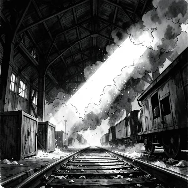 A harsh searchlight beam cutting through thick coal smoke on a dark, industrial train platform.