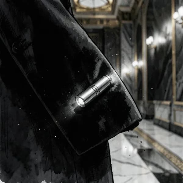 A close-up of a metallic micro-transmitter device resting on a dark velvet cuff.