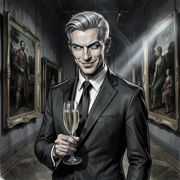 A man in a tailored suit holding a champagne glass with a mocking expression.
