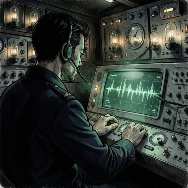 A sonar technician sits before a glowing green display in a dark, cramped submarine control station.