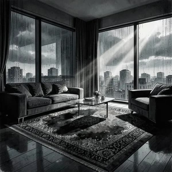 A luxurious, blood-stained Persian rug in a dark, opulent penthouse living room.
