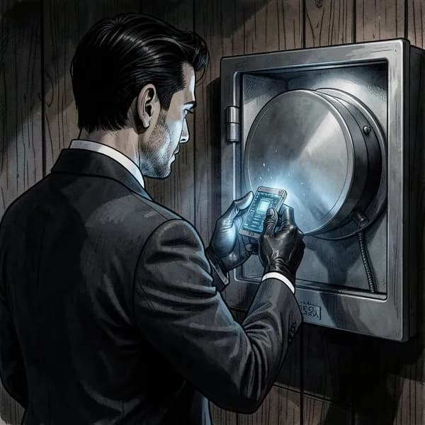 A man in a sharp suit standing before an open wall safe, holding an encrypted drive.