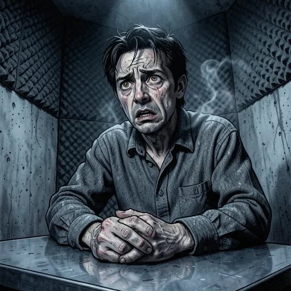 A terrified man sits at a metal table in a cold cell, his knuckles white from gripping the edge.