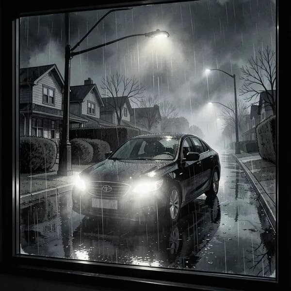 A black sedan idling under a streetlamp on a dark, rainy suburban street.
