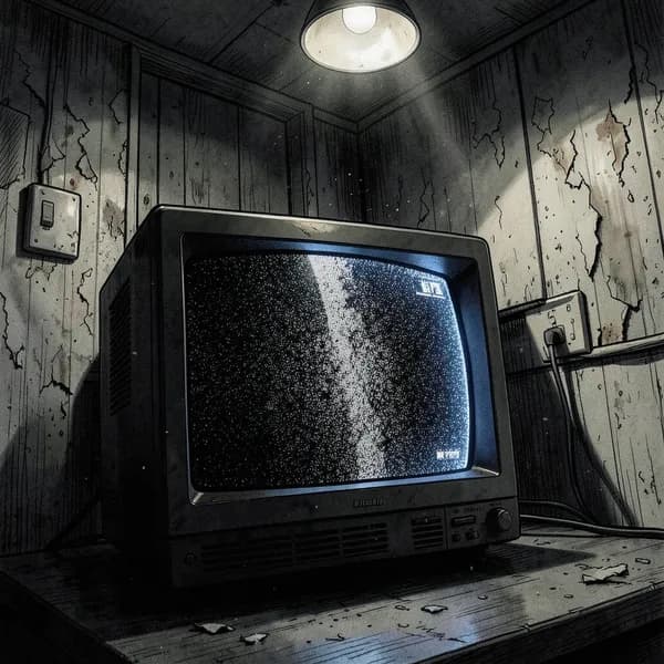 A flickering security monitor in a dark room showing a blacked-out feed, creating a sense of isolation and danger.