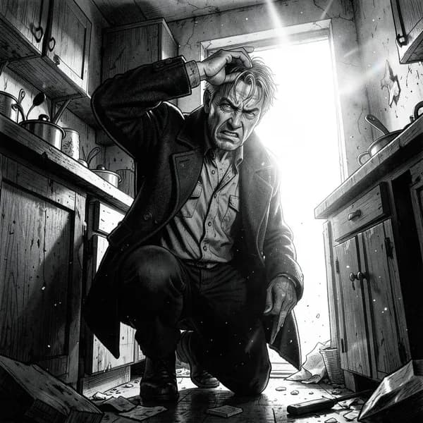 A man in a tactical coat shielding his eyes from a blinding flashbang explosion in a dark apartment.