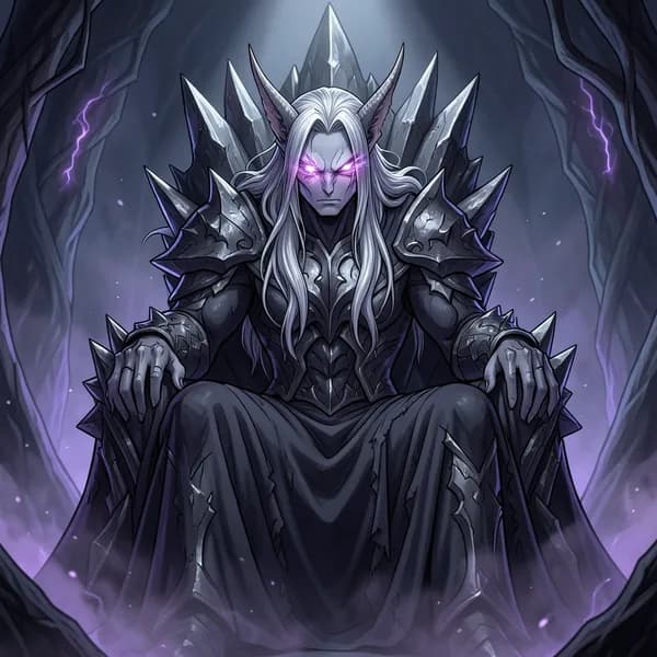 A male fae king with glowing, chaotic eyes sitting on a throne of twisted obsidian.