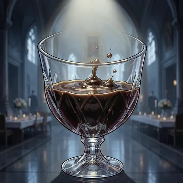A crystal goblet filled with dark, swirling liquid sits on a polished obsidian table, reflecting a grand banquet hall.
