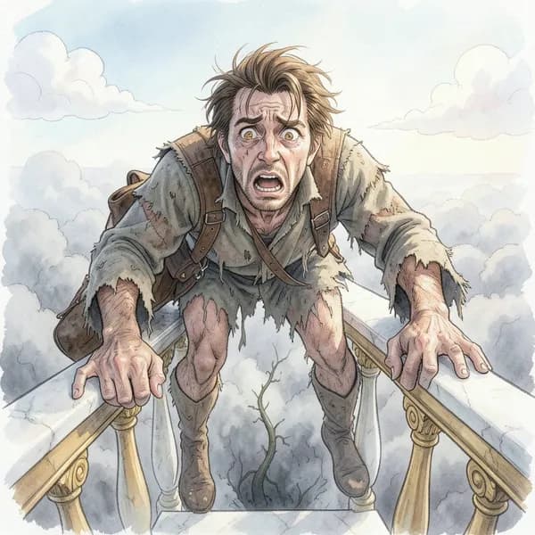 A desperate scavenger pulling himself over a marble ledge, looking down at a terrifying drop.