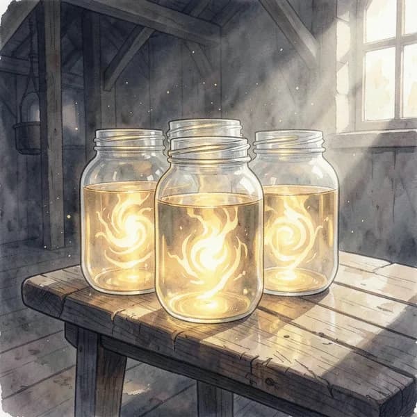 A cluster of heavy glass jars on a wooden table, pulsing with trapped, rhythmic golden liquid sunlight.