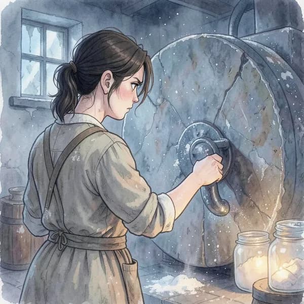 A young woman reaching toward a heavy iron mill handle, looking determined.