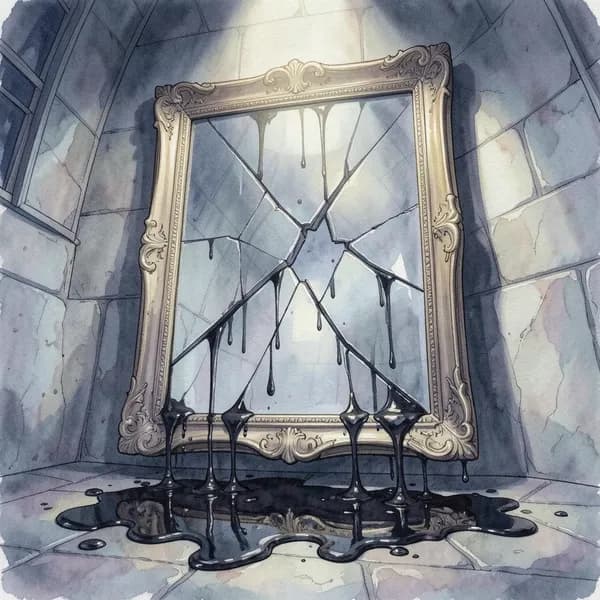 Thick, ink-like black liquid spilling from a shattered, ornate mirror frame onto a cold stone floor.