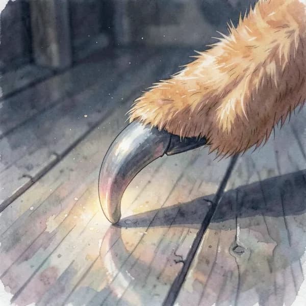 A close-up of a sharp cat claw unsheathed in a dark, dusty room.