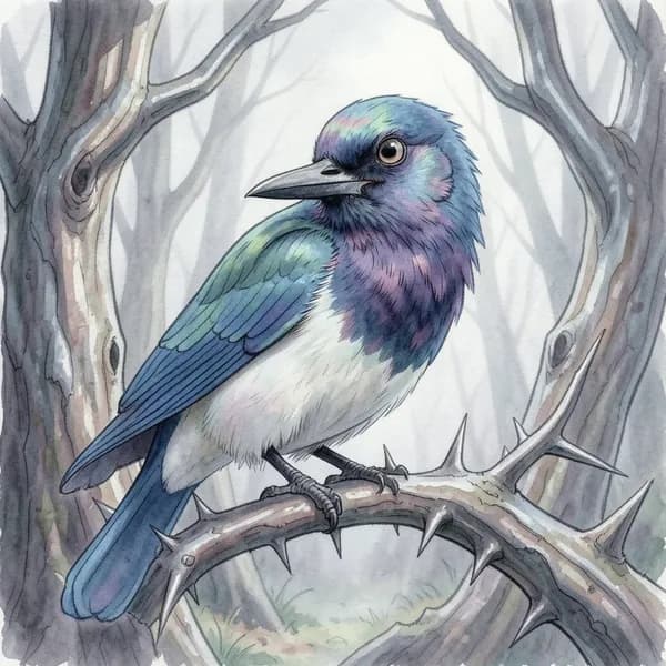 A close-up of an iridescent magpie perched on a sharp, metallic branch in a dark, twisted forest.
