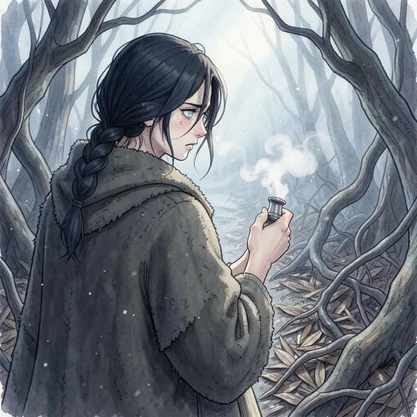 A woman in a wool cloak clutches a silver thimble in her hand, looking defiant in a dark forest.