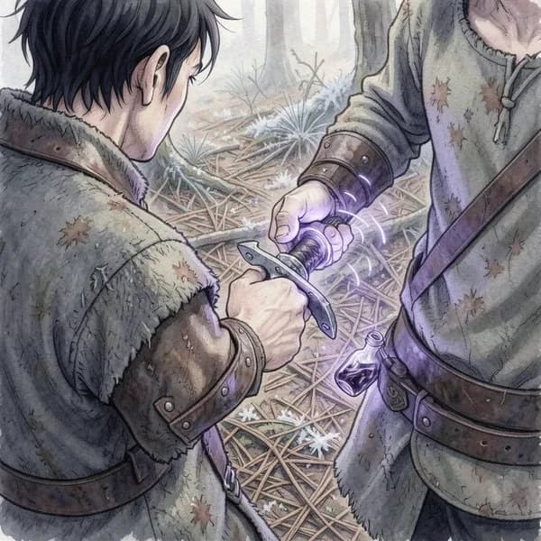 A rugged man's hand gripping a heavy iron dagger, with a glowing vial visible on his belt.