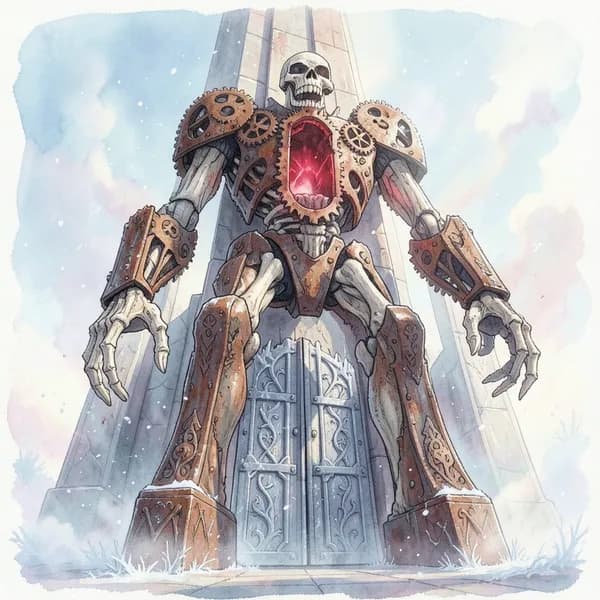 A towering clockwork construct made of bone and rusted gears standing guard before a massive, frost-covered iron gate.