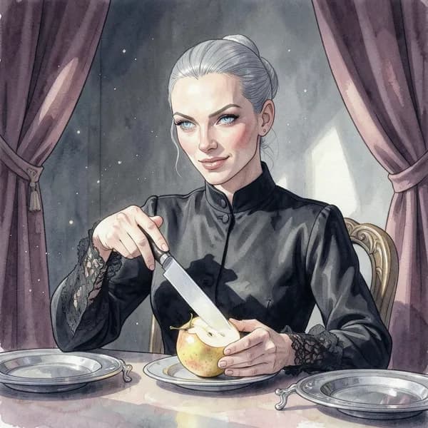 A mature, elegant woman with a cold, predatory smile sits at a breakfast table.