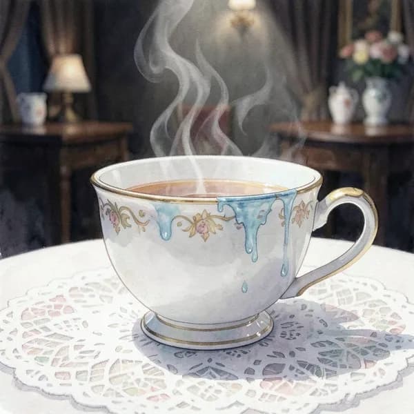 A delicate, ornate porcelain teacup sits on a white lace tablecloth with a suspicious blue residue on the rim.
