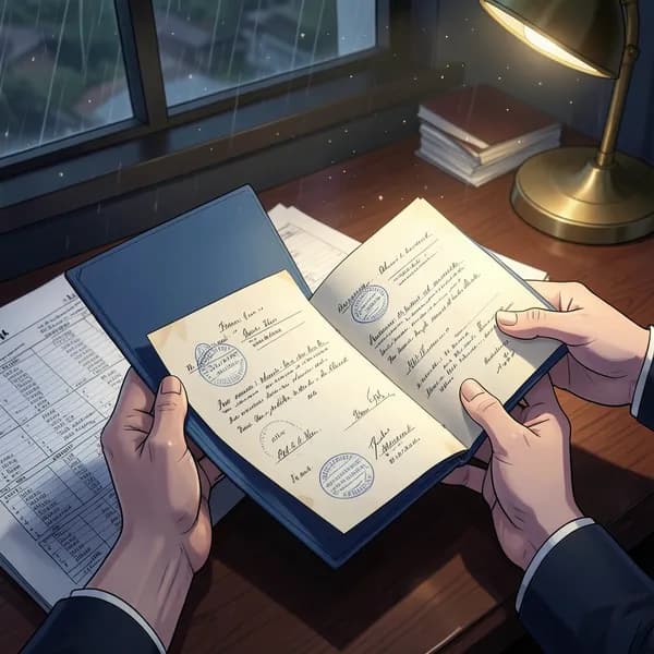 Trembling hands holding a blue folder with forged documents on a mahogany desk.