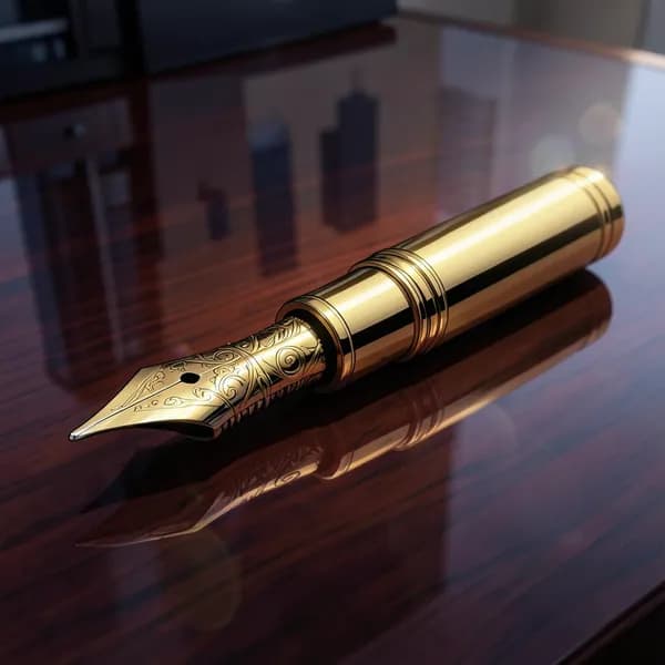 An expensive gold fountain pen resting on a polished dark wood surface, waiting to be picked up.