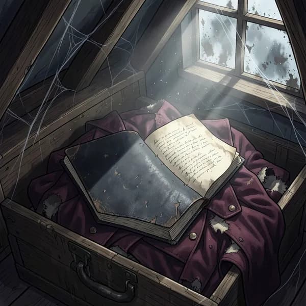A close-up of a weathered, black-hide ledger resting inside a rotting wooden trunk in a dusty attic.