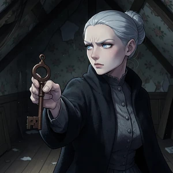 An elderly woman in a dark shawl holding a heavy iron key in her trembling hand.