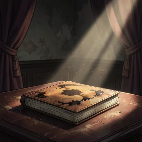 A weathered leather ledger sits on a dusty mahogany desk in a dark, stagnant study.