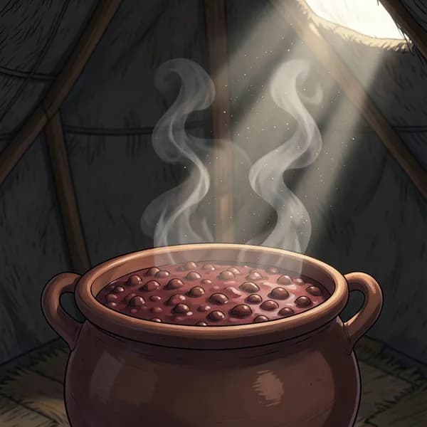 A close-up of a clay pot of red lentil stew steaming inside a dark, woven tent.