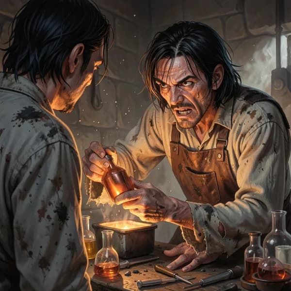 A gaunt alchemist grips a glowing copper vial with trembling hands as furnace light illuminates his tense face.